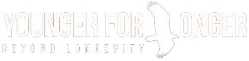 Logo with text 'Younger for Longer' and a silhouette of a person running on a white background